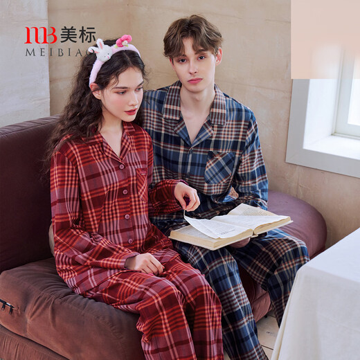 American Standard Autumn and Winter New Long Sleeve Couples Pure Cotton Pajamas Set Women Can Wear Casual Plaid Soft Cotton Home Clothes Men Twilight Blue (brushed cotton) 3XL