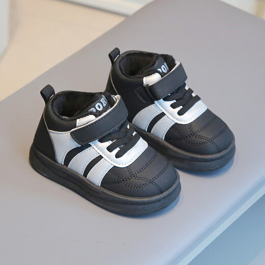 Tyrannis new velvet children's sneakers, soft-soled baby cotton shoes, warm sports shoes for boys and girls, casual A60 black 30_inner length 18 cm