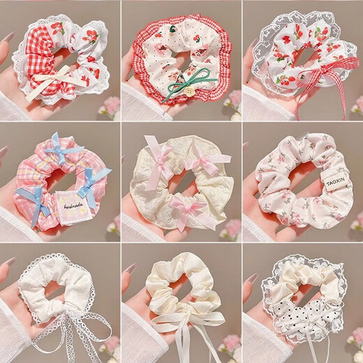 Sweet bow floral large intestine hair tie for women with lace versatile ponytail hair style girl headband hair rope hair accessories 1# sea salt blue hair tie six-piece set