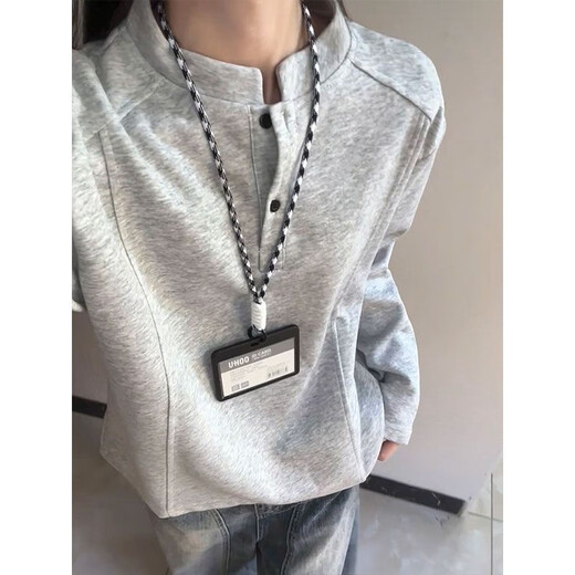 Vnxifm American Henry collar polo shirt sweatshirt for men and women in autumn deconstructed splicing long-sleeved T-shirt cleanfit shoulder top Gray M _ Recommended 86-100Jin Jin equals 0.5 kg