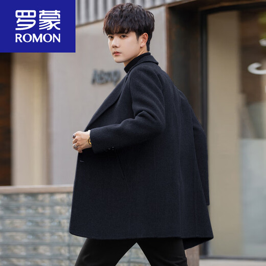 ROMON Cashmere Woolen Coat Men's Winter New Korean Style Medium-Length Casual Thick Wool Double-sided Woolen Suit Jacket Black + Removable Down Liner Thickened L