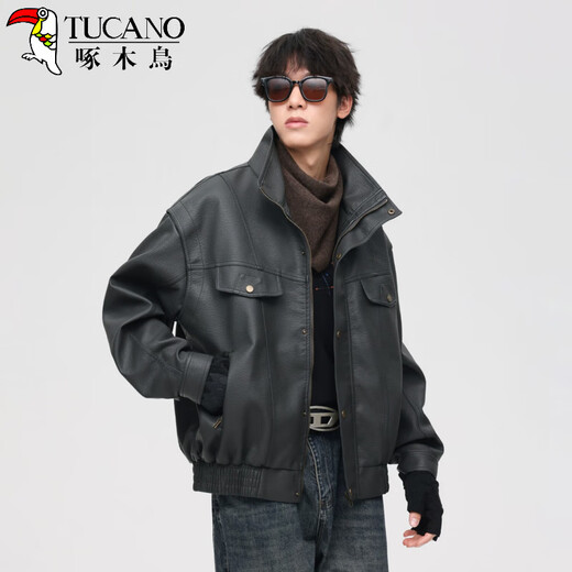 Woodpecker (TUCANO) retro motorcycle soft leather jacket men's American-style simulated leather handsome short autumn and spring high-end bomber jacket black 2XL suitable for 160-180Jin Jin equals 0.5 kg