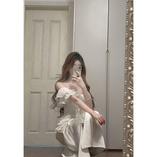 Vnxifm French one-shoulder dress, women's sexy engagement dress, certificate wear, ruffled satin hip-hugging long skirt, off-white L