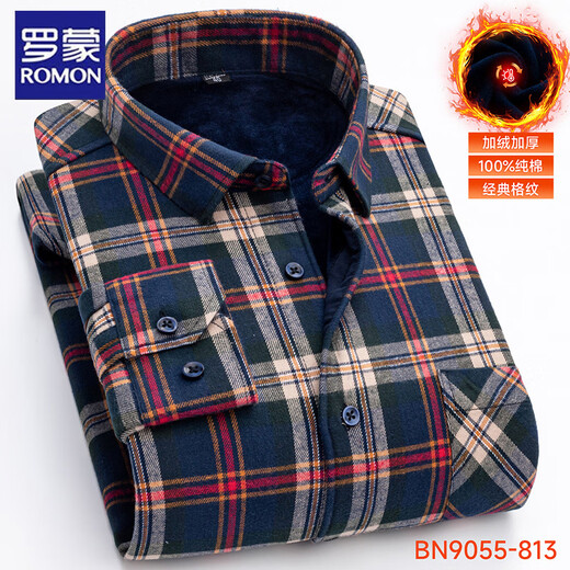 罗蒙 纯棉男士保暖衬衫加绒加厚免烫商务休闲秋冬全棉磨毛格子衬衣 BN9055-801 40