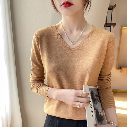 2025 new autumn fashionable bottoming shirt V-neck long-sleeved pullover sweater loose slimming versatile women's top pullover V-neck - gray XL 120-140Jin Jin equals 0.5 kg