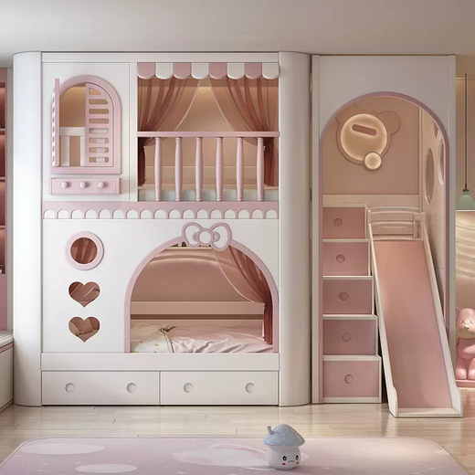 Yusenyigao guardrail upper and lower bunk bed two-layer upper and lower bed solid wood high and low bed children's bed girl princess bed double bed bunk bed-ladder cabinet-double drawer-slide (comes with upper bunk curtains-upper and lower mattresses) More combinations +1500mmx2000mm