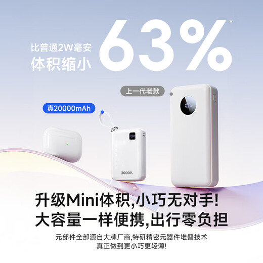 Hishell Innovation, National 3C Certification, Super Fast Charging, True 20000 mAh, Self-contained Power Bank, Large Capacity Mobile Power Supply, Can Go on Planes, Compact and Portable, Suitable for Android and Apple, Haoyue White, 2W mAh + Flash Charging Speed ​​Up, Upgraded Batteries, National New 3C Certification, True 20000mAh丨 Can Go on Planes