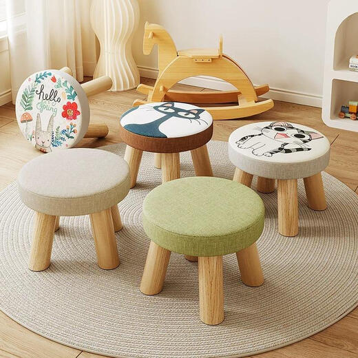 Fat Donglai same style solid wood chair small stool thickened household fabric shoe changing stool small low stool living room coffee table round stool sand round stool - plain color - solid wood legs removable and washable