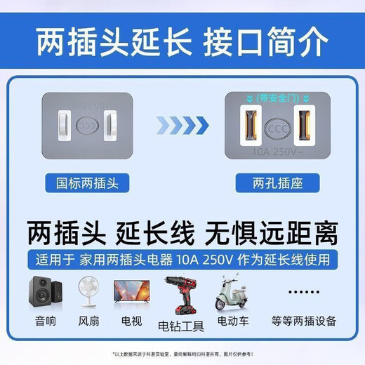 Jingdong Logistics Socket extension cord extension cord fan small ceiling fan two-hole power cord electric vehicle computer mobile phone charger extension cord straight plug into both ends black anti-freeze cord anti-aging - cord length 2 meters