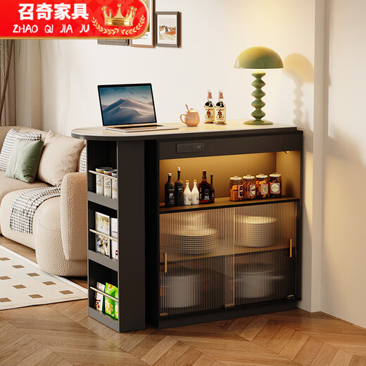 Shantou Lincun French black bar table home dining side cabinet living room partition storage side cabinet retractable island dining table small apartment double-sided bar table 90cm + L sliding cabinet combination door installation