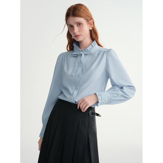 DUSHU large size women's puff sleeve shirt 2025 autumn and winter new fungus lace collar top temperament lace-up shirt water mist blue (shirt) one size 1