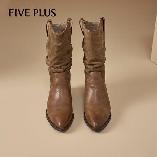 
FIVE PLUS thick heel boots for women 2025 autumn new pointed toe Maillard boots pile boots brown western cowboy boots women's boots brown 37