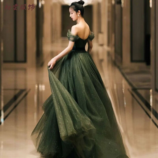 Mei Anjia Banquet Evening Dress New Student Adult Ceremony Annual Party Host Noble Temperament Hepburn Style Princess Dress Green Strap Style XS