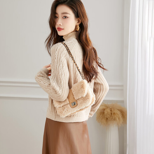 Shexi (Srcr) pure wool coat for women 100% wool knitted outer thick autumn and winter short soft waxy cable sweater cardigan
