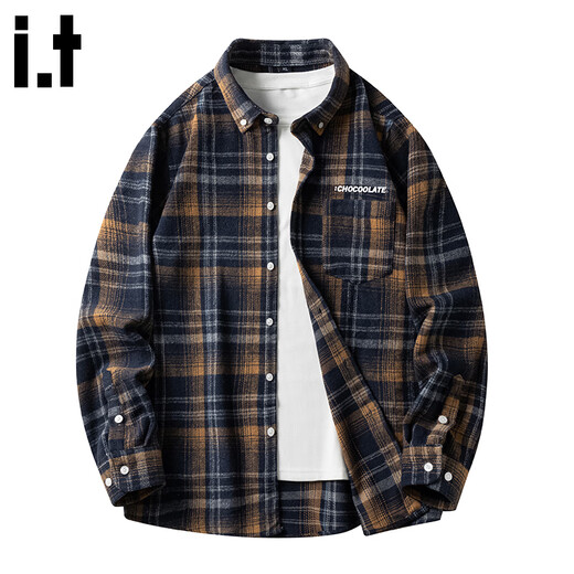CHOCOOLATEit striped plaid long-sleeved shirt for men spring and summer new American retro casual shirt jacket navy blue XL