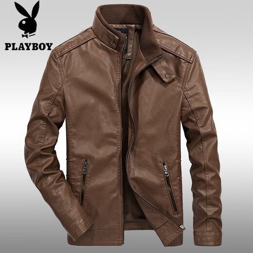 Playboy (PLAYBOY) Leather Jacket Men's Jacket Spring and Autumn Thin PU Leather Jacket Short Stand Collar Leather Jacket Men's Casual Fashion Slim Trend Black Thin XL 125-135Jin Jin is equal to 0.5 kg