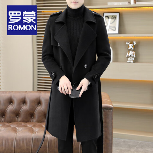 ROMON high-end over-the-knee double-sided woolen coat for men, long autumn and winter new style, thickened and handsome woolen windbreaker for men, brown XL size