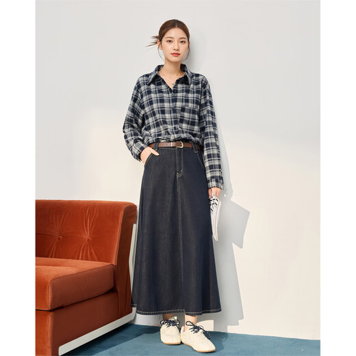 IEF/Aiyifu 2025 new autumn Korean style daily commuting versatile casual plaid college mid-length shirt blue apricot plaid one size
