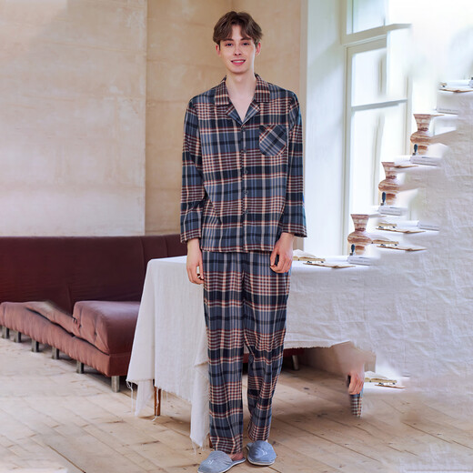 American Standard Autumn and Winter New Long Sleeve Couples Pure Cotton Pajamas Set Women Can Wear Casual Plaid Soft Cotton Home Clothes Men Twilight Blue (brushed cotton) 3XL