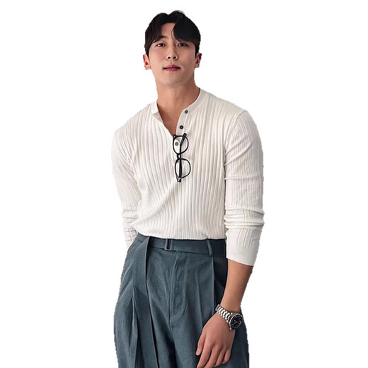 GOLDLION G+ Spring and Autumn New Henley Collar Long Sleeve Sweater Men's Fine Needle Light Mature Slim Business Trend B511 White M