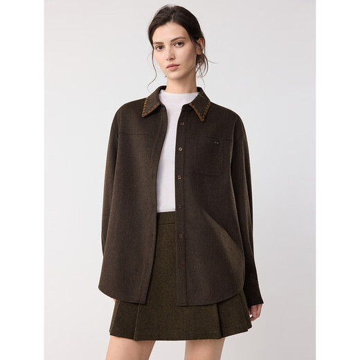 ELLE Retro Sheep Wool Embroidered Lapel Shirt Women's 2025 Winter New Design Loose Niche Shirt Brown M