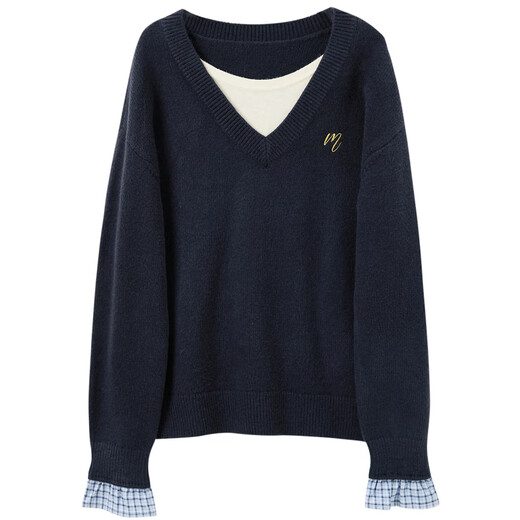 Sancai 2025 winter new fake two-piece sweater long-sleeved simple pullover top loose F navy blue M 160/84A