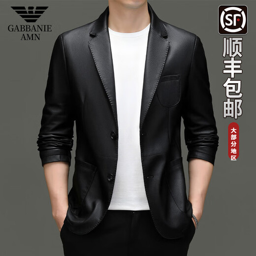 AX Armani autumn and winter suit collar men's jacket business casual middle-aged suit leather jacket 2385 black regular style L 175 (weight 121-135Jin Jin equals 0.5 kg)