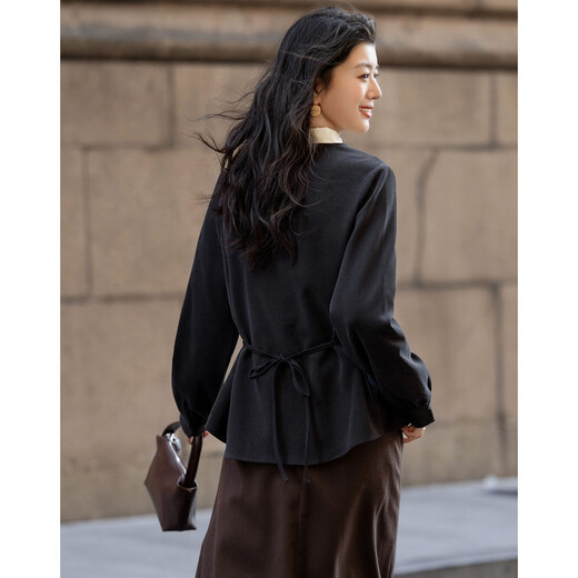 德玛纳【智感女士】冬季静奢风立领保暖磨毛衬衫褶裥拼色腰带衬衣女上衣