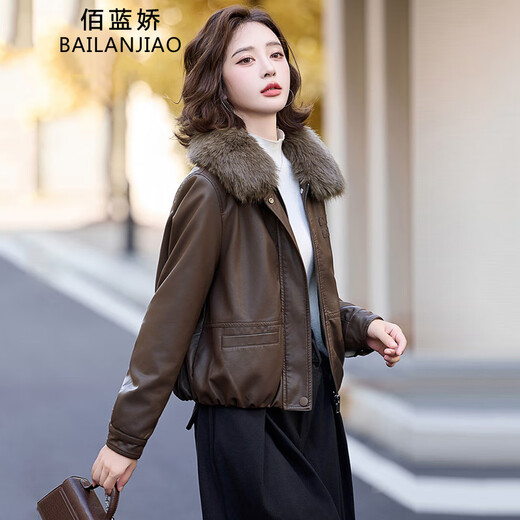 Bailanjiao velvet thickened leather jacket for women 2025 new winter style small fashion versatile PU leather cotton jacket top coffee color + coffee fur collar M (recommended 80-110Jin Jin equals 0.5 kg)