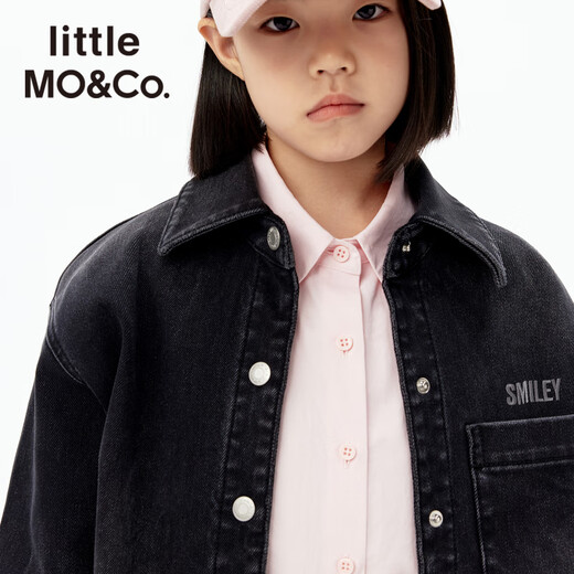 Little MO&Co.Smiley joint series little moco children's clothing 25 new Q warm velvet volcanic rock denim shirt parent-child denim black Q warm velvet volcanic rock 140 140/68