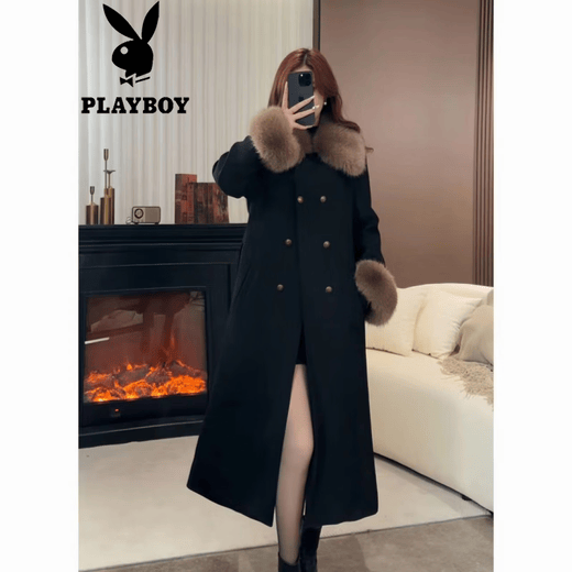 Playboy (PLAYBOY) off-season deal with rich woman daughter down coat women's big fur collar long coat down jacket slimming temperament black with fur collar official flagship version with shipping insurance S 80-105