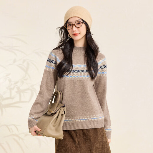 Chunzhu Fair Isle Cardigan 25 Autumn and Winter New Half Turtle Collar Jacquard Warm and Fashionable Age-Reducing Sweater Women's Sweater Mihua Apricot M (90-110Jin Jin equals 0.5kg)