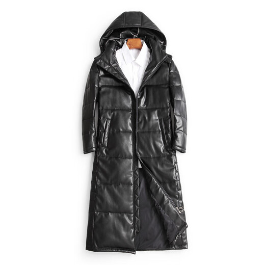 Matchstick's new over-the-knee extra-long leather jacket for men, sheepskin leather jacket, hooded leather windbreaker, thickened and warm men's jacket, trendy black M