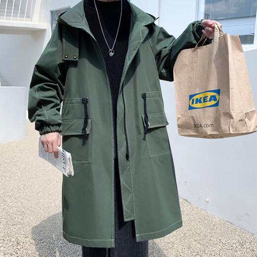 JEEP SPIRIT Jeep windbreaker jacket men's mid-length British coat hooded Korean style casual jacket black M