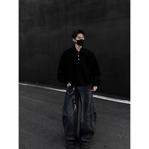 Gongzixue cleanfit Henry collar sweatshirt men's spring and autumn American retro polo shirt handsome trendy loose long black M