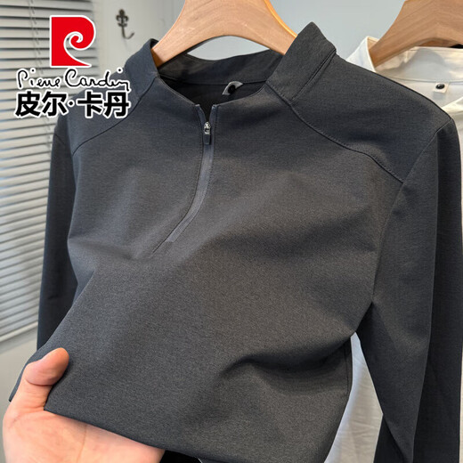 Pierre Cardin half-zip Henry collar long-sleeved T-shirt men's spring and autumn new sports and leisure stitching solid color bottoming shirt men's black 2XL