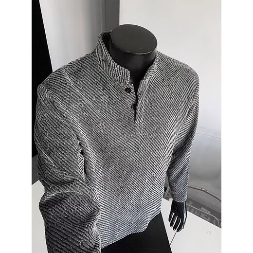 American style right shoulder Henry Polo shirt sweatshirt for men, spring and autumn top with trendy brand texture jacquard long-sleeved T-shirt for men, black L 100-120Jin Jin is equal to 0.5 kg