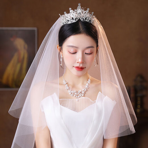 Bridal Crown Tiara, Veil, Proposal, Certificate, Marriage, Korean Forest Crystal Crown Wedding Dress, Hair Accessories for Adults, Crown + Veil + Necklace, Ear Clip Set, Four-piece Set