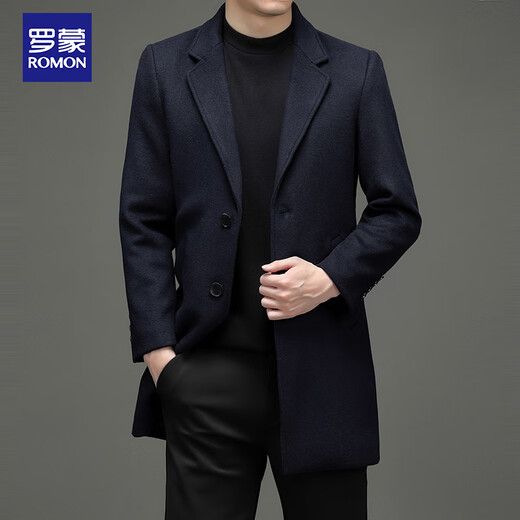 罗蒙羊毛呢大衣男士休闲商务正装衣服羊毛外套大衣夹克LL1931藏青3XL