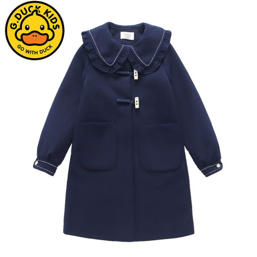G.DUCKKIDS Girls' Woolen Coat Autumn and Winter 2024 New Style Western Style Medium and Large Children's Thickened Medium and Long Lapel Woolen Coat Navy Blue 150cm