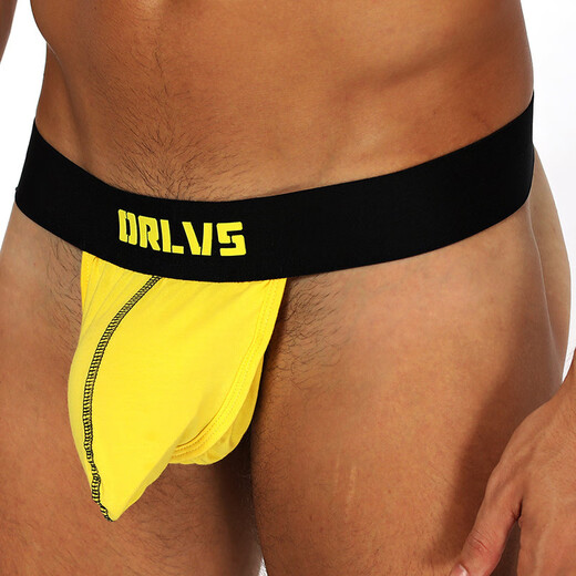 Solid Color Breathable Men's Thong Double Butt Fashionable Low Waist Independent Pouch Cotton No Butt Briefs OR158 Yellow M
