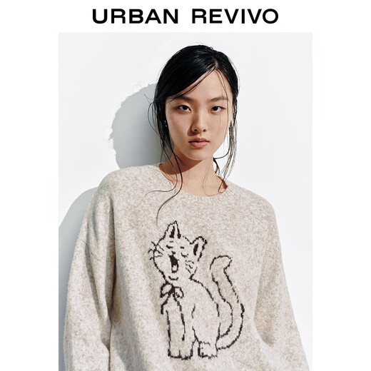 UR2025 new winter women's casual and fun cat pattern loose sweater UYY950142 light khaki M