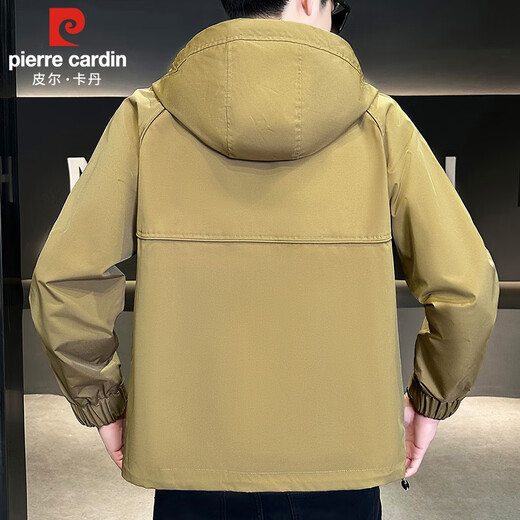 Pierre Cardin jacket men's spring, autumn and winter hooded outdoor casual workwear jacket men's trendy tops Khaki XL
