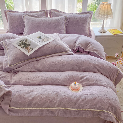 Violet (Violet) new type A carved milk velvet four-piece set high-density short-hair baby velvet coral velvet quilt cover sheet sheet bed sheet style 1.5 four-piece set-quilt cover 200cm*230cm