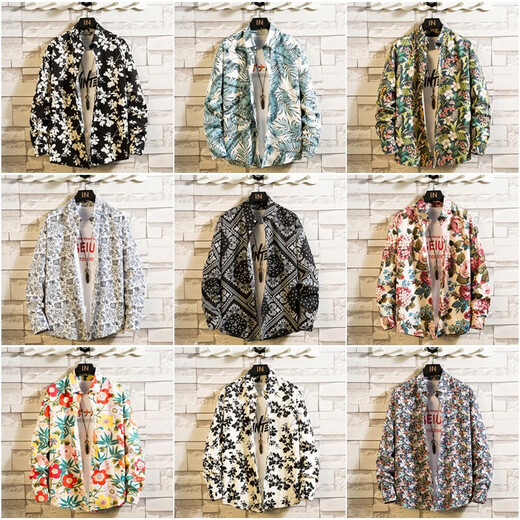 Nyckjk Frühling kleines Blumendruck-Shirt Herren Langhülle Casual Trendy Marke reines Baumwollmuster Shirt Stylish Schwarz-Weiß-Jacke Top 1049 Nr. 1049 Nr. 1 M Lose Version 105-120jin [Jin gleich 0,5 kg] tragen