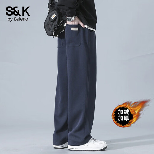 Baleno BALENOS&K series new American loose drape sports pants for men in autumn and winter plus velvet wide-leg casual pants for men 9209 navy plus velvet XL 130Jin Jin equals 0.5kg to 150Jin Jin equals 0.5kg Can be worn