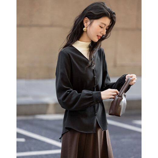 德玛纳【智感女士】冬季静奢风立领保暖磨毛衬衫褶裥拼色腰带衬衣女上衣