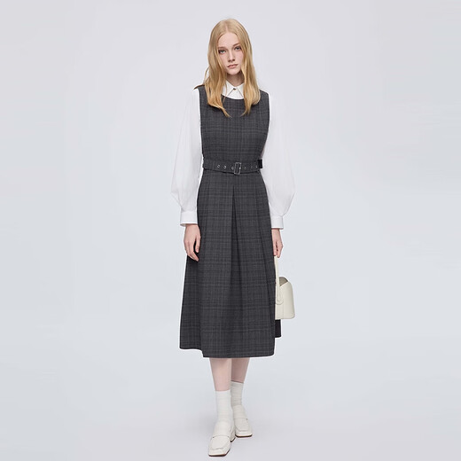 S.DEERsdeer women's 25-year new lapel plaid waist shirt dress suit S253Z1413 German gray 87 S 160