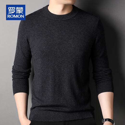 ROMON 100% pure wool sweater men's thick solid color round neck pullover autumn and winter warm casual casual sweater for young and middle-aged men