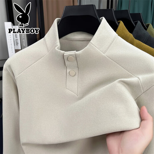 Playboy autumn and winter new Henry collar German velvet long-sleeved T-shirt for young and middle-aged men two-button stand-up collar casual bottoming shirt sweatshirt for men black gray S 165